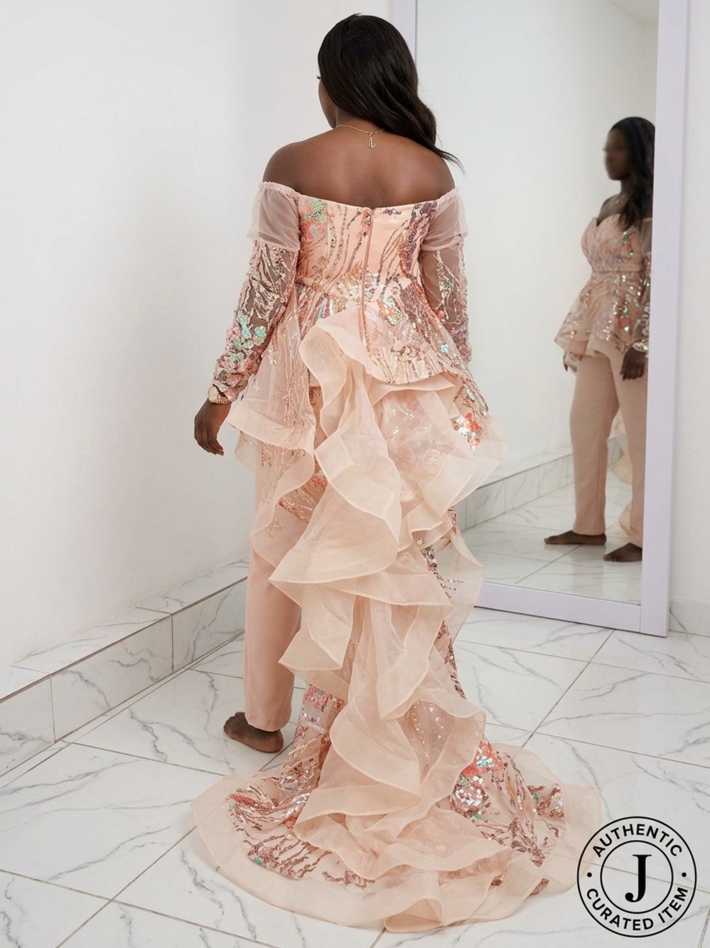 Elegant Off-Shoulder Peach Sequin Ruffle Dress